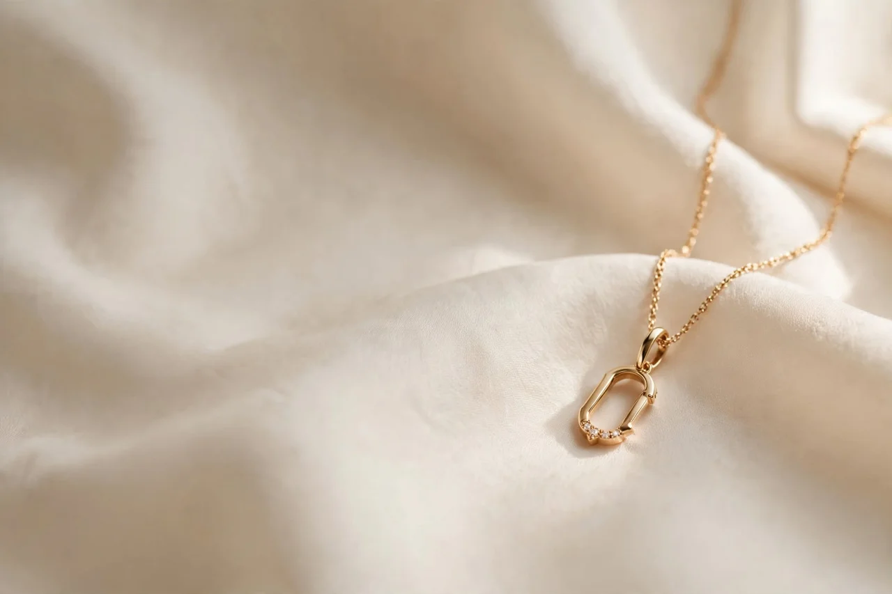 Editorial still life of a gold pendant resting on ivory silk